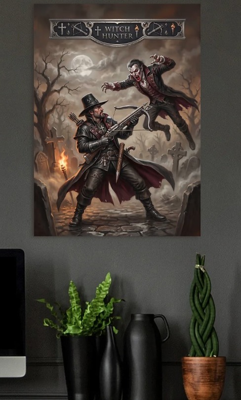 Witch Hunter vs Vampire — metal poster wall art by Lineer